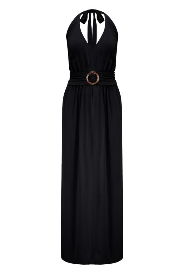 Halter Neck Gold Buckle Maxi Dress