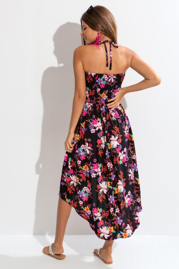 Halter Neck Strap Shirred Bodice Maxi Dress