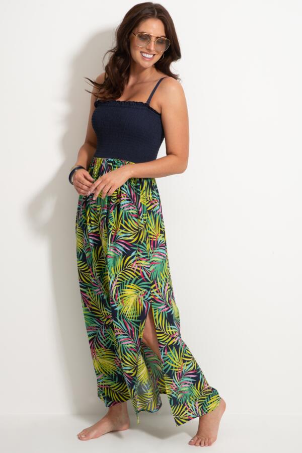 Removable Straps Shirred Split Maxi Dress