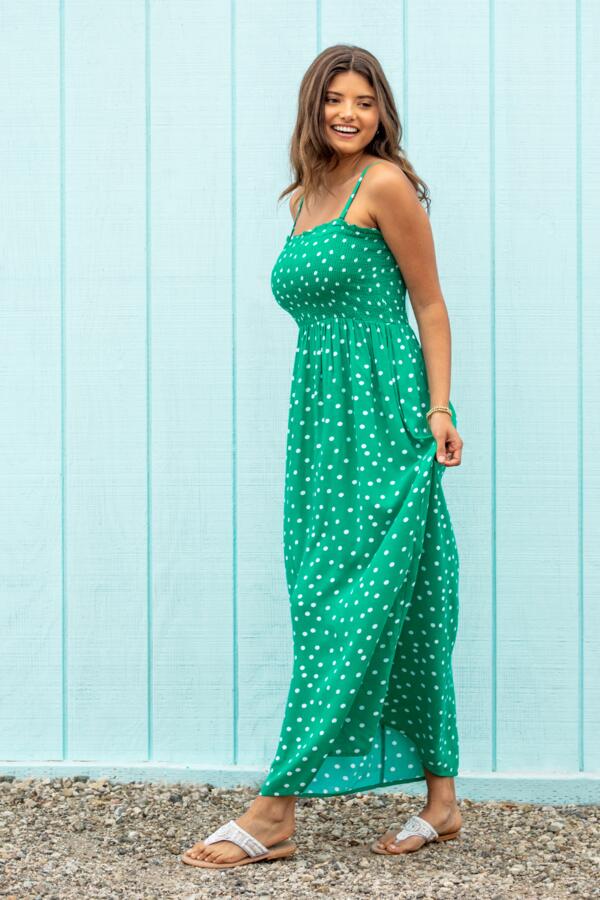 Removable Straps Shirred Bodice Maxi Dress - Green/White