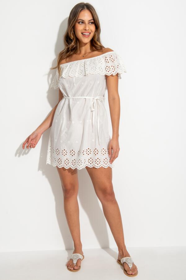 Cotton Broderie Bardot Mini Beach Dress