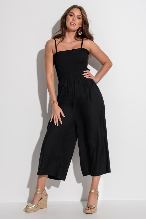 Strapless Shirred Bodice Crop Leg Beach Jumpsuit