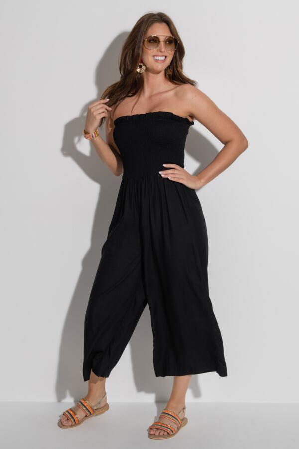 Strapless Shirred Bodice Crop Leg Beach Jumpsuit