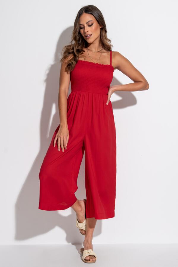 Strapless Shirred Bodice Crop Leg Beach Jumpsuit