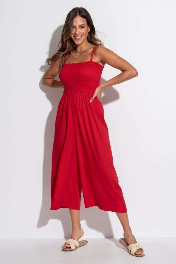 Strapless Shirred Bodice Crop Leg Beach Jumpsuit