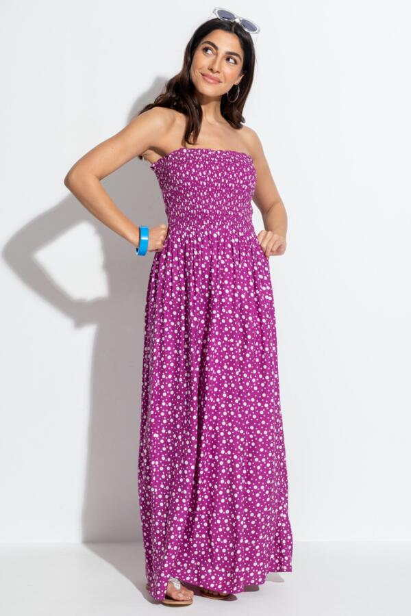 Strapless Shirred Bodice Maxi Beach Dress - Violet/White