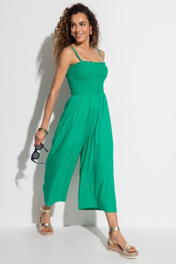 Strapless Shirred Bodice Crop Leg Beach Jumpsuit