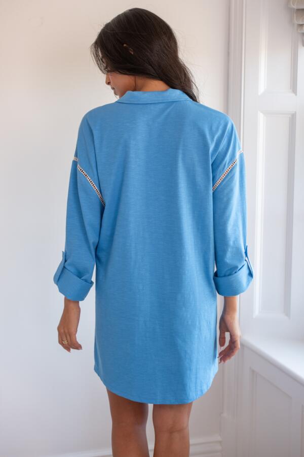 Cotton Jersey Embroidered Revere Collar Oversized Nightshirt