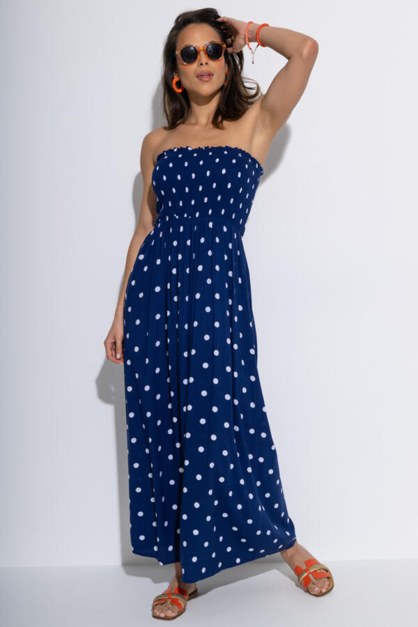 Strapless Shirred Bodice Maxi Beach Dress - Navy/White