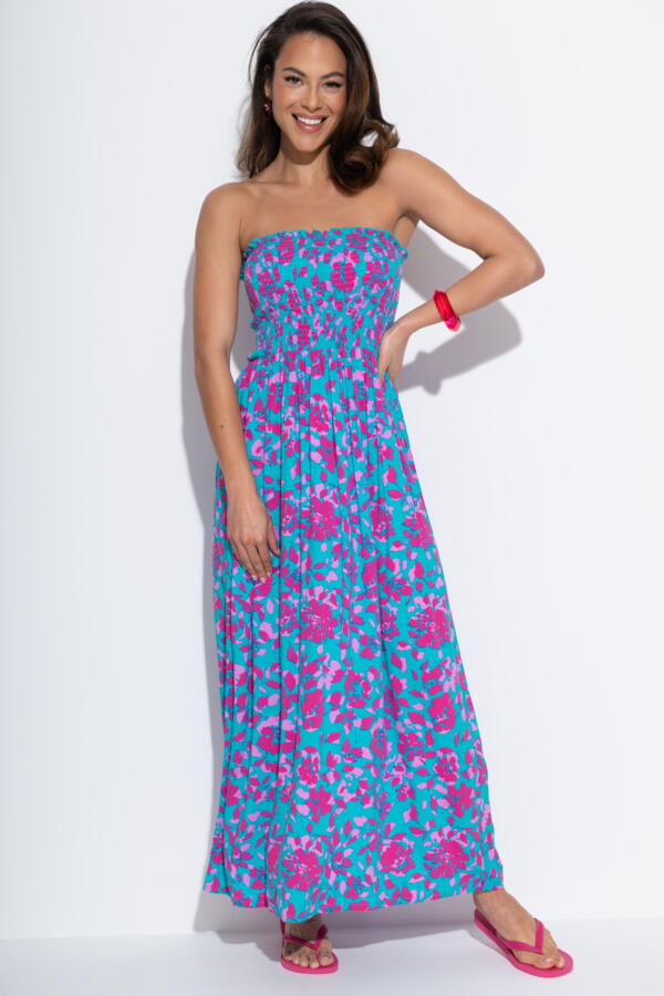 Strapless Shirred Bodice Maxi Beach Dress - Blue Floral