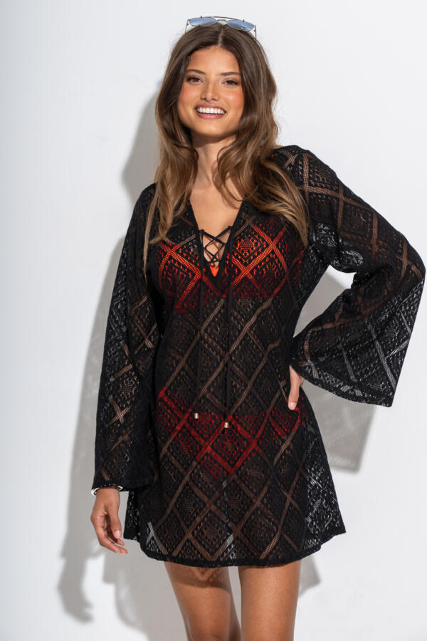 Crochet Lace Long Sleeve Beach Cover Up - Black