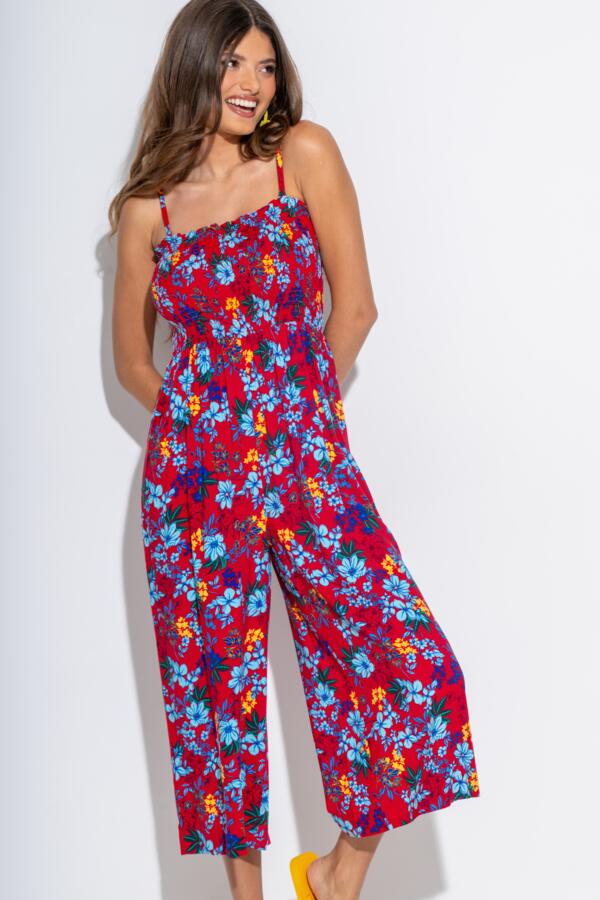 Strapless Shirred Bodice Crop Leg Beach Jumpsuit