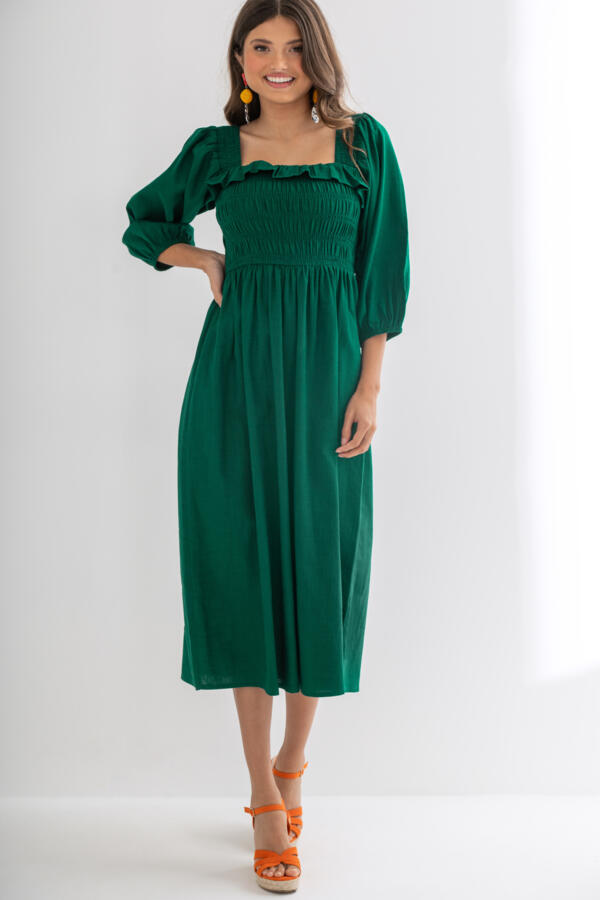Textured Woven Frill Detail Midi Dress - Forest