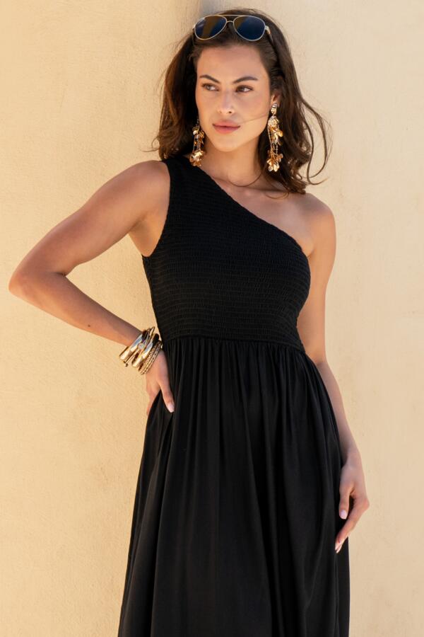 One Shoulder Shirred Bodice Maxi Dress