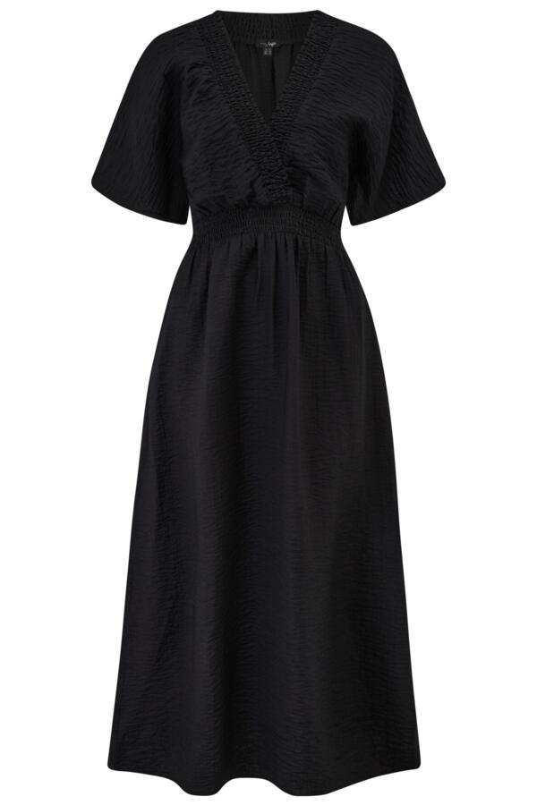 Shirred Neckline Textured Woven Midi Dress