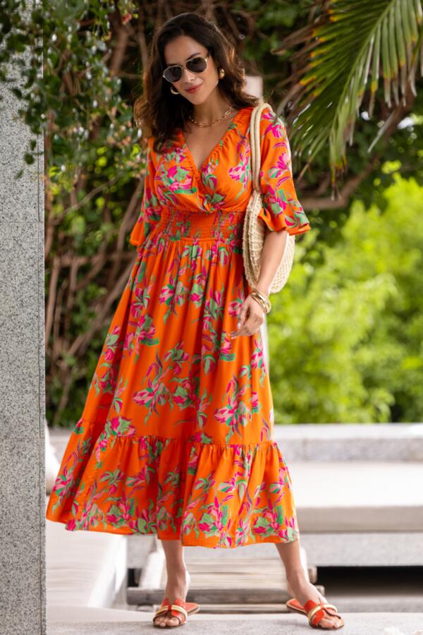 Carmen Fuller Bust Elasticated Neckline Woven Midaxi Dress - Zest