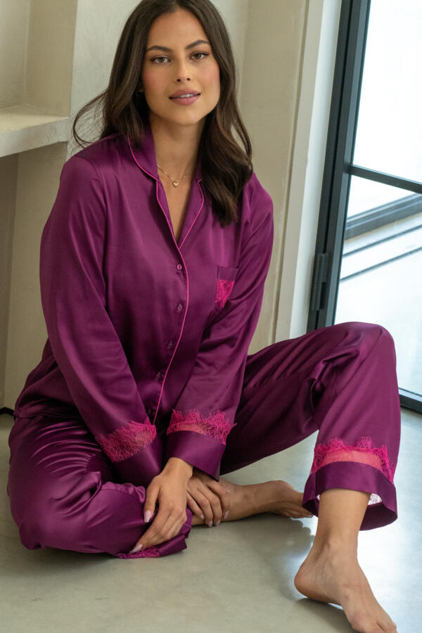 Dusk Satin and Lace Revere Collar Pyjama Set